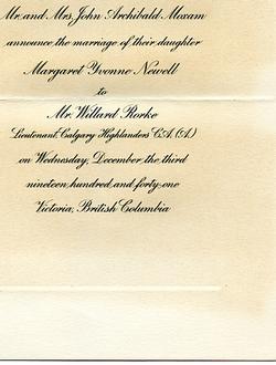 Wedding Announcement - Margaret Yvonne Newell to Willard Rorke - Part 1 